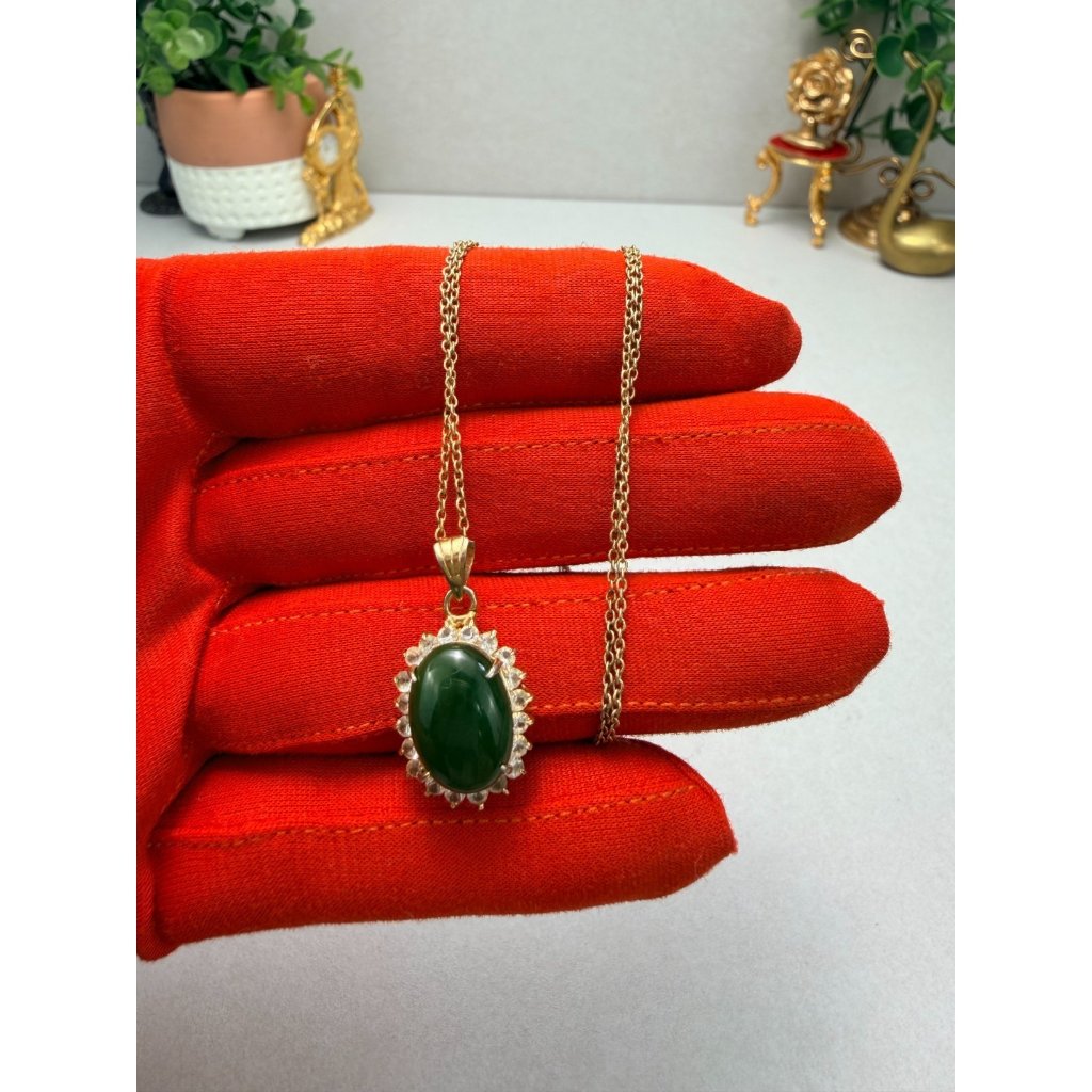 Vintage Jade Cabochon Pendant Necklace Gold Filled Halo Design